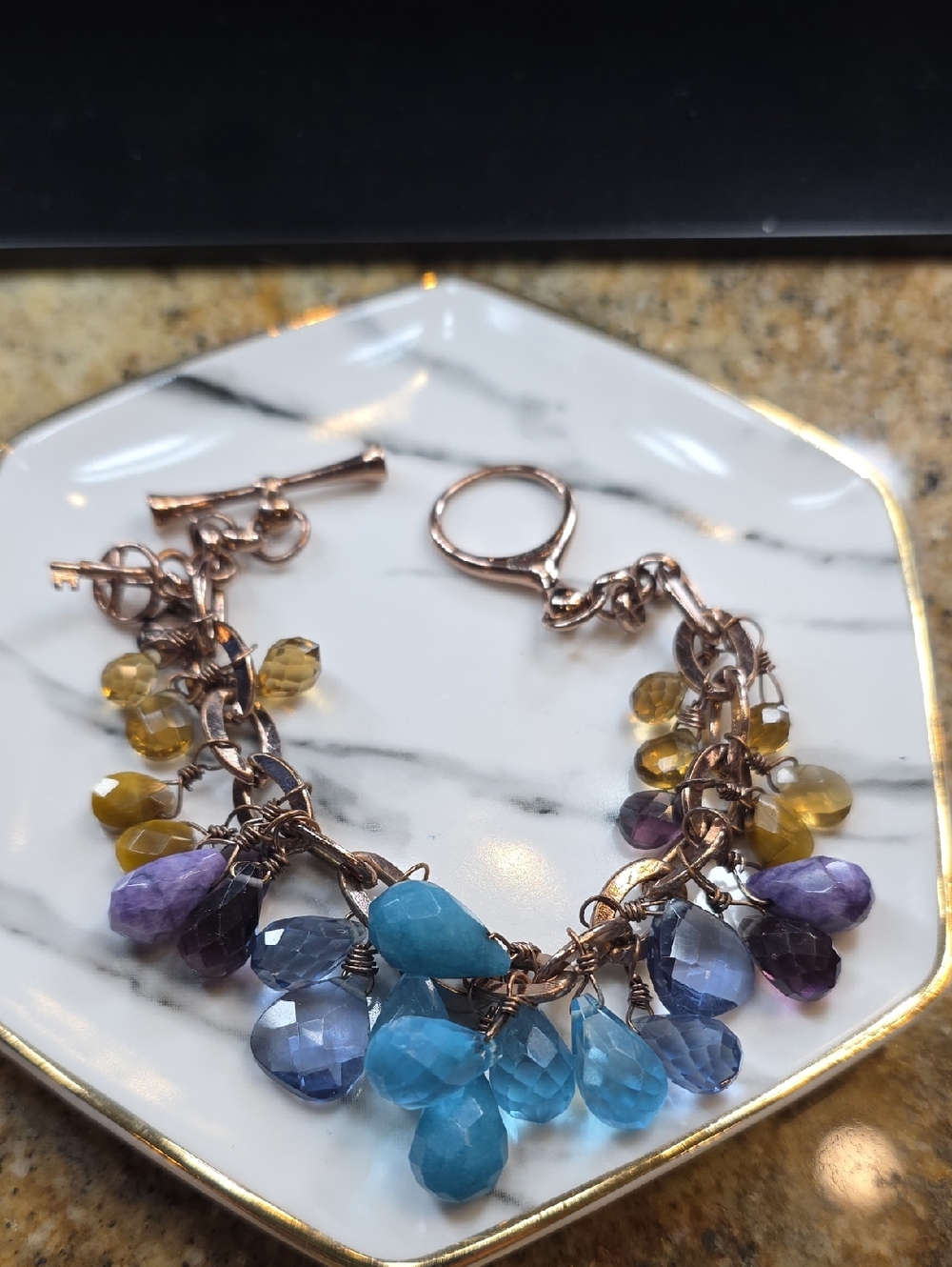 Fossil Rose Gold Chain Bracelet with Blue, Purple & Yellow Gem Drops